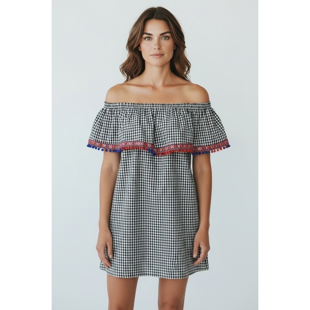 America & Beyond Gingham Off The Shoulder Pom Pom Mirror Mini Dress L Ethnic